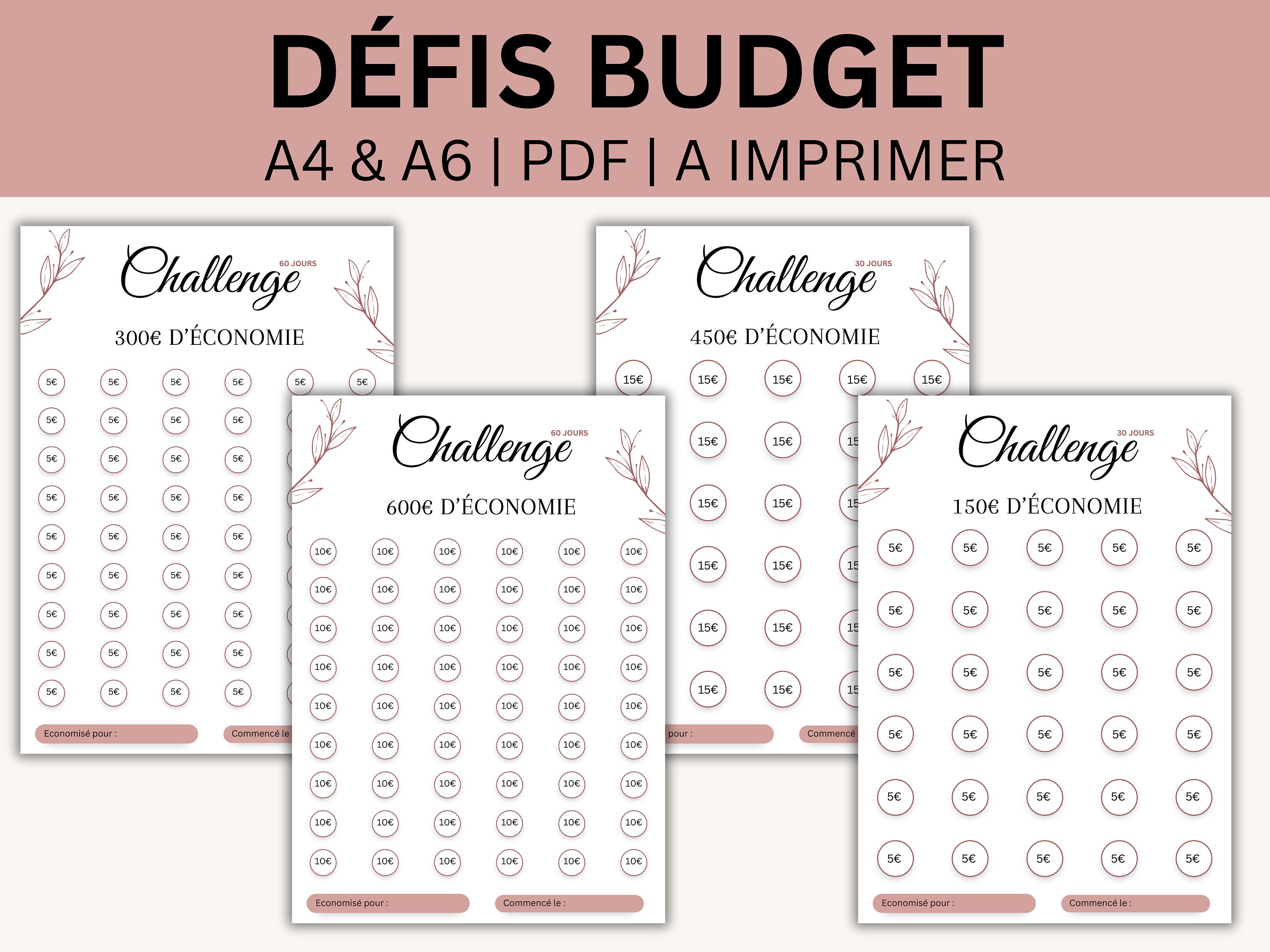 Lot de 8 défis budget Challenge épargne de 100 à 1500 euros A4 et A6
