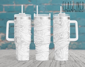 May include: White stainless steel tumbler with a black and white line drawing of ocean life, including whales, starfish, and seaweed. The tumbler has a handle and a lid with a straw.