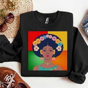 Vibrant Retro Aesthetic Sweatshirt Woman Natural,African American Top,Gift for Black Girl,Afro Art,Black Art Travel Sweatshirts,Gift for Her