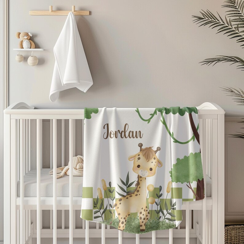 Safari Animals Baby Blanket Jungle Greenery Personalized Boy Girl Name ...