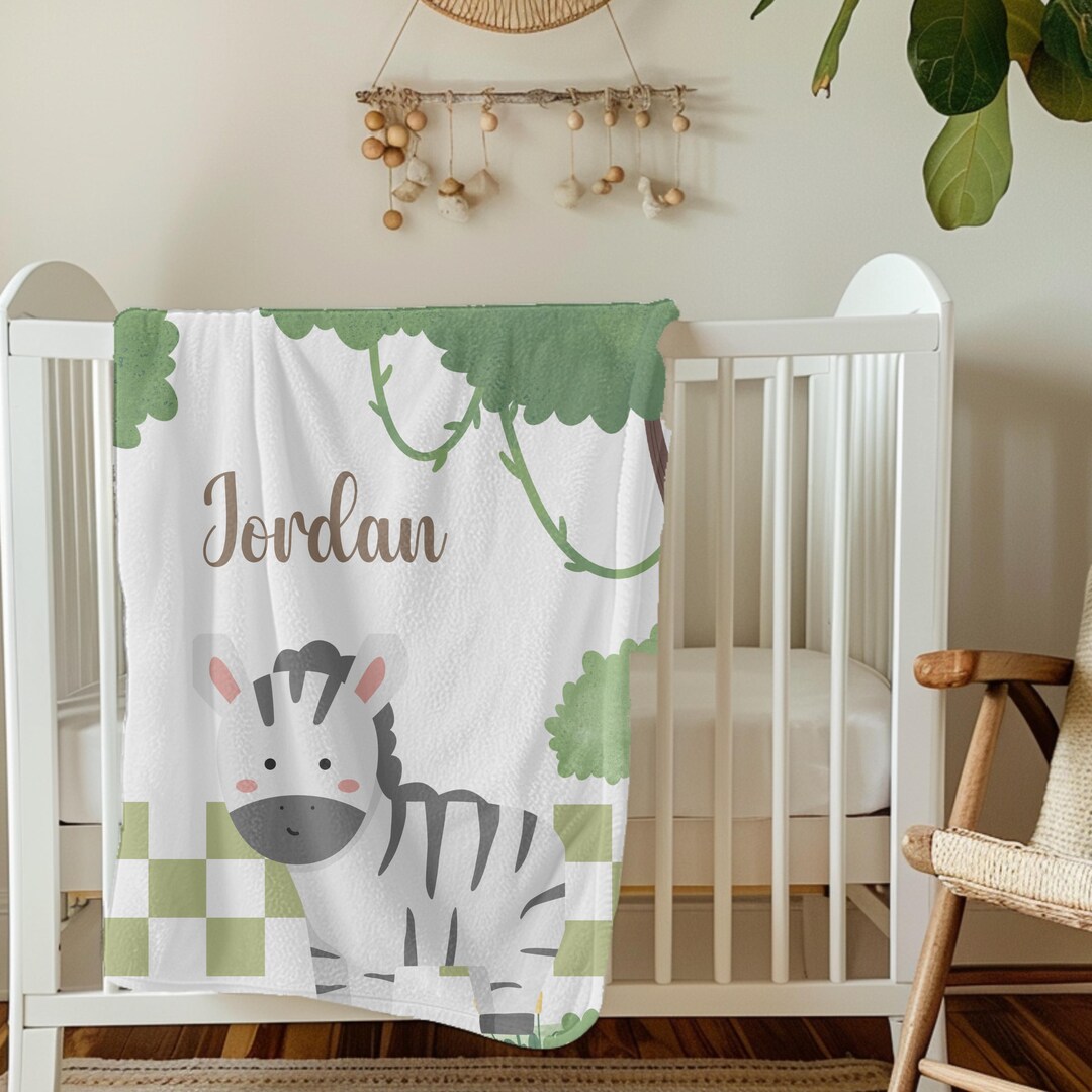 Safari Animals Baby Blanket Jungle Greenery Personalized Boy Girl Name ...