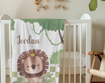 Safari Animals Baby Blanket, Jungle Greenery Personalized Boy Girl Name ...