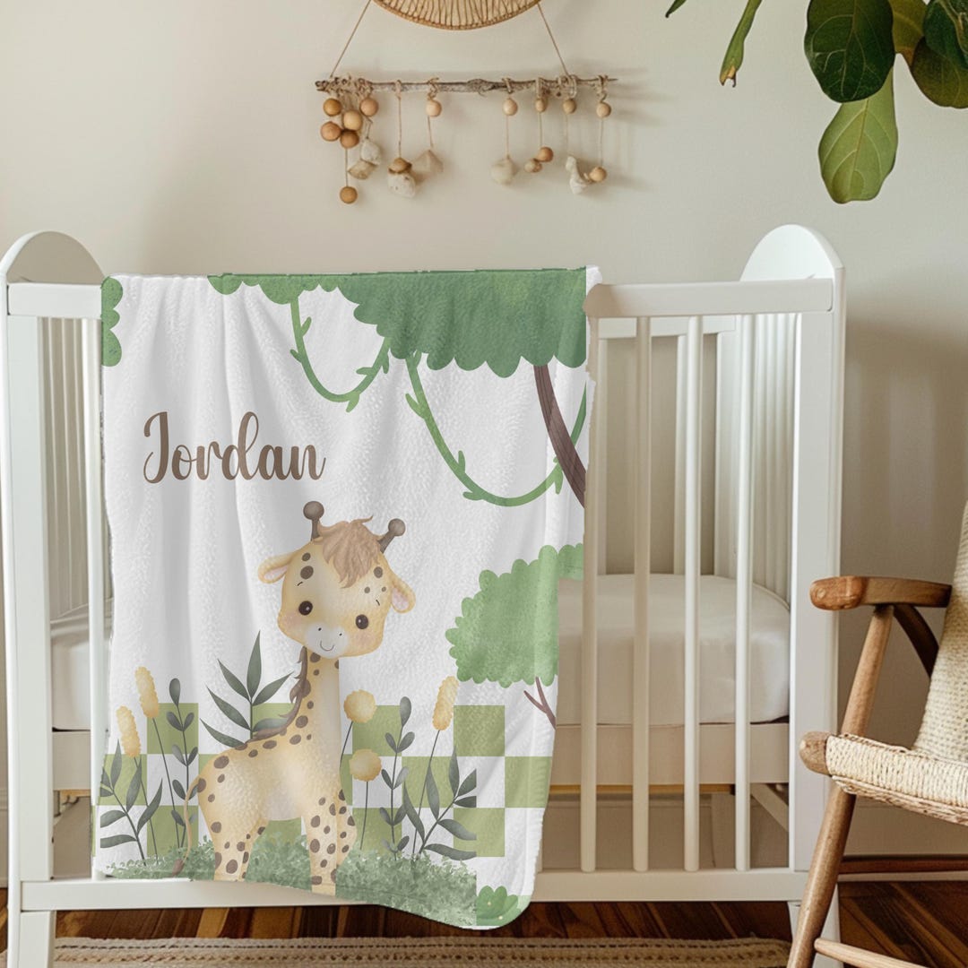 Safari Animals Baby Blanket Jungle Greenery Personalized Boy Girl Name ...
