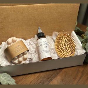 Ultimat presentset för hårvård – Naturligt schampo med dofter, hårbottenmassageapparat i bambu + hårväxtolja – Miljövänligt självvårdskit