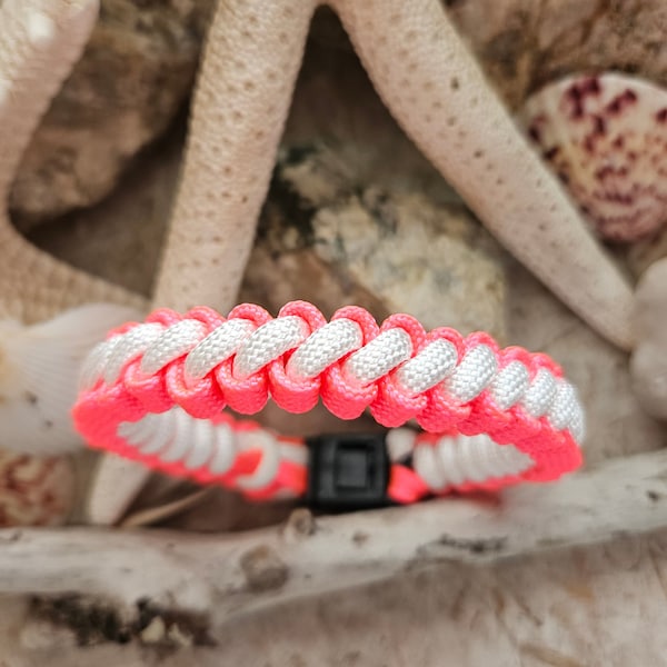 Paracord Handmade Bracelet. Friendship Knot in White and Hot Pink.