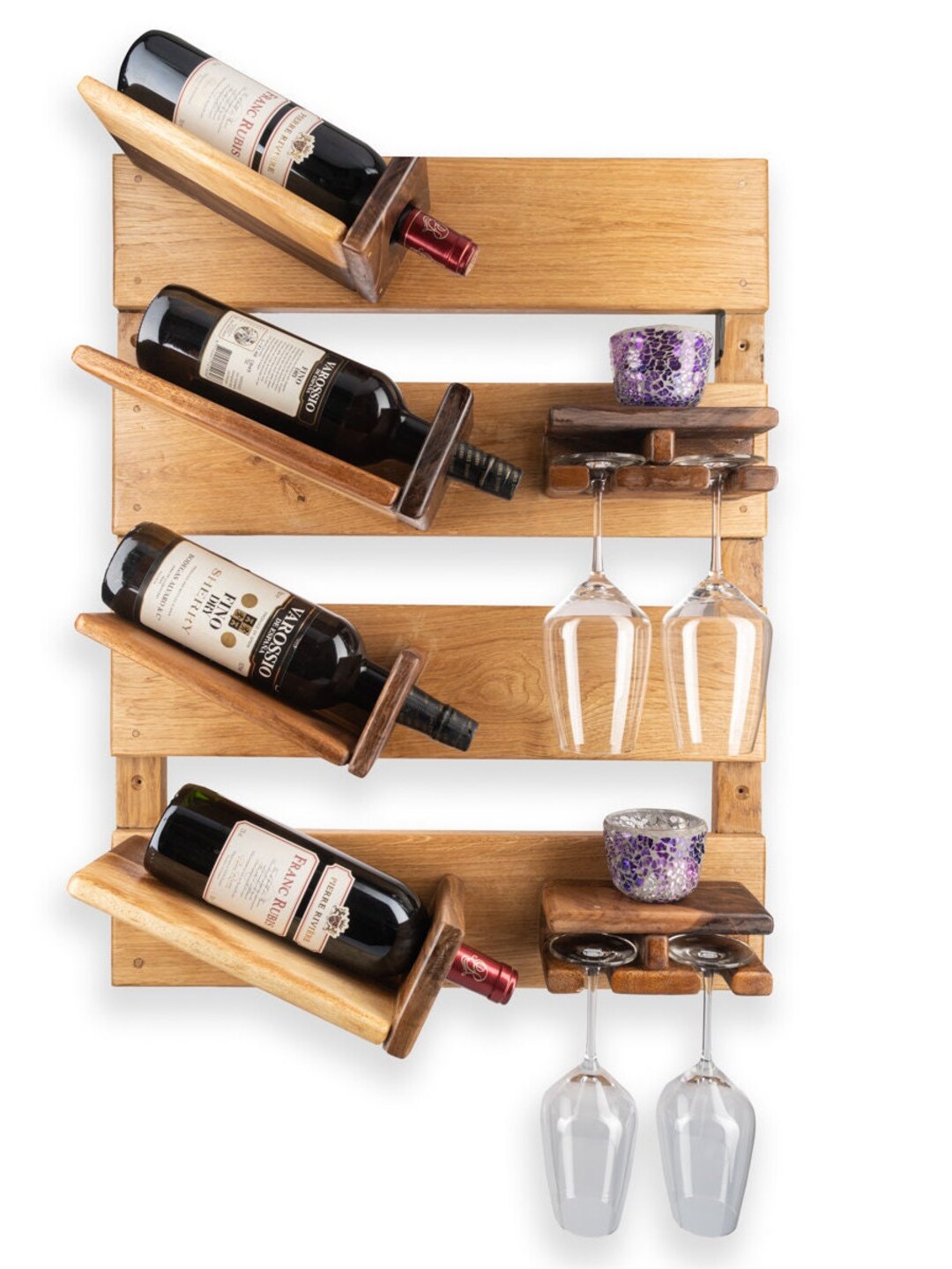 Rustic Oak & Walnut Wine Rack With Glass Holder Etsy