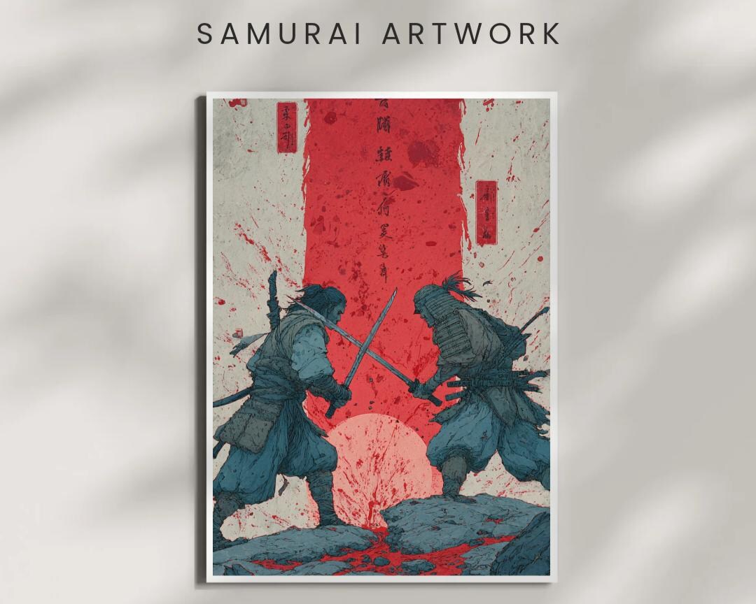 Samurai Duel Wall Art Print – Japanese Warrior Battle Poster | Bold Red ...