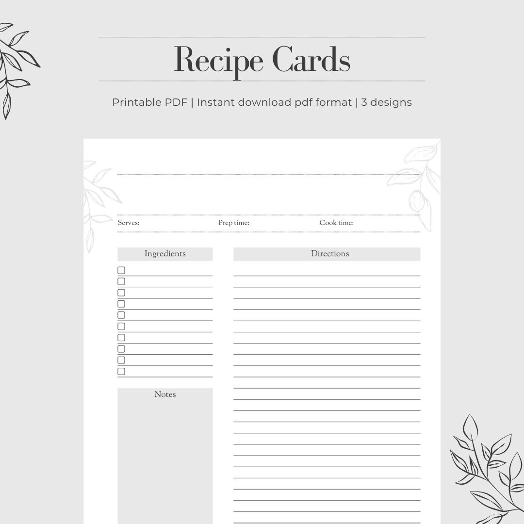 Printable Recipe Cards With BONUS Shopping List and Meal Planner Instant Download Editable and ...