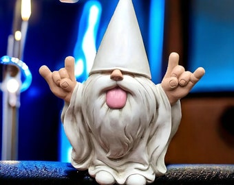 Rocker Gnome, All White Gnome, We Will Rock You Gnome, Funny Garden Decor, Gnome With Tongue Out, Gnome With Beard, Happy Gnome, Fun Gnome