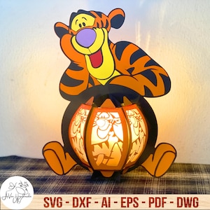 Cartoon Tigger Lantern Lamp Cut File Svg, Cute Character Shadow Box, Halloween Lamp SVG, Fall Season Home Decor SVG, Gift for Halloween
