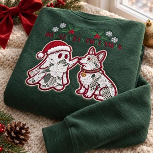 Ghost & Corgi Lace Embroidered Sweatshirt, Frosty Lace Xmas Shirt, Cozy Christmas Crewneck, Christmas Snowy Gift, Christmas Sweatshirt