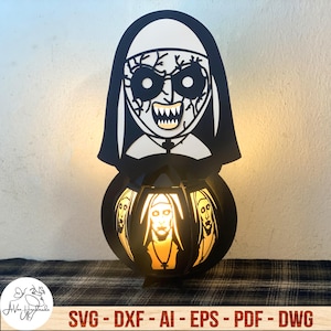Horror Nun Lantern Svg, Halloween Lantern Paper Cut, Ghost Cutting Template, Holiday Home Decor, Prezent na Halloween, Creepy Shadow Box
