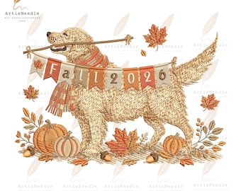 Fall Golden Retriever Machine Embroidery, Autumn Fall Scene Embroidery Design, Thanksgiving Machine Embroidery File, 5 sizes