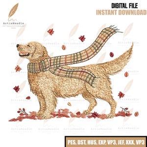 Könnte beinhalten: Ein Stickmuster eines goldenen Hundes mit einem langen karierten Schal, umgeben von herbstlichen Blättern und Beeren. Der Text lautet DIGITAL FILE INSTANT DOWNLOAD und listet die Formate PES, DST, HUS, EXP, VP3, JEF, XXX, VP3 auf.