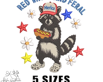 Red White And Feral Machine Embroidery, Funny Raccoon Embroidery Design, Trendy 4th Of July Machine Embroidery File, 5 sizes