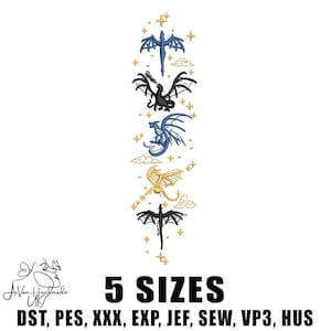 Könnte beinhalten: Vertikales Design mit fünf gestickten Drachen in Blau, Schwarz und Gold, mit goldenen Sternen und Wolken. Der Text "5 SIZES" steht unter den Drachen, zusammen mit Stickdateiformaten.