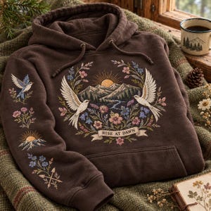 May include: A dark brown hooded sweatshirt featuring a graphic print of two white birds, a mountain range, a rising sun, and floral elements. The text "RISE AT DAWN" is printed on a banner below the mountains. The sleeve displays additional floral, bird, and mountain motifs.