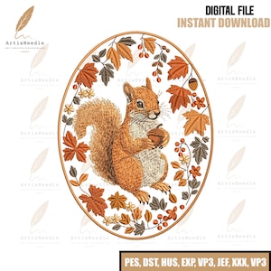 Cute Fall Woodland Squirrel Machine Embroidery, Autumn Squirrel Embroidery Design, Thanksgiving Machine Embroidery File, 5 sizes