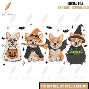 Könnte beinhalten: Digitales Stickmuster mit vier Corgi-Hunden in Halloween-Kostümen: ein Geist mit Kürbiseimer, eine Hexe mit Besen, einer mit Fledermausflügeln und ein Zauberer mit Kessel. Enthält den Text: DIGITAL FILE INSTANT DOWNLOAD.