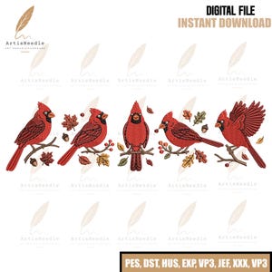 May include: A digital embroidery file featuring five red cardinal birds perched on brown branches with autumn leaves and acorns. The text reads DIGITAL FILE INSTANT DOWNLOAD and lists file formats PES, DST, HUS, EXP, VP3, JEF, XXX, VP3.