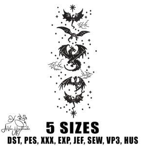 Könnte beinhalten: Fünf schwarze Silhouetten von Drachen mit Flügeln und Schwänzen, vertikal in einer Reihe angeordnet, mit Sternen und Wolken im Hintergrund. Der Text "5 SIZES" und "DST, PES, XXX, EXP, JEF, SEW, VP3, HUS" befindet sich unterhalb der Drachen.