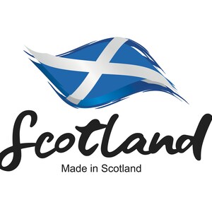 May include: A graphic illustration featuring the blue and white saltire flag of Scotland depicted with a wavy, brushstroke effect. Below the flag, the word Scotland is written in a large, black, cursive script, followed by the text Made in Scotland.
