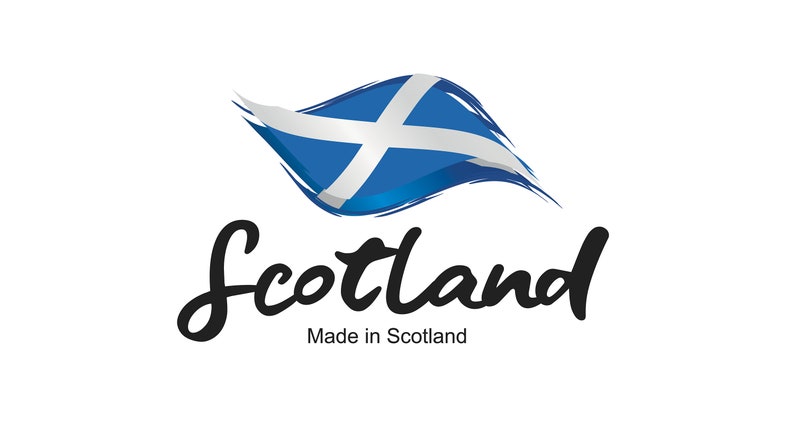 May include: A graphic illustration featuring the blue and white saltire flag of Scotland depicted with a wavy, brushstroke effect. Below the flag, the word Scotland is written in a large, black, cursive script, followed by the text Made in Scotland.
