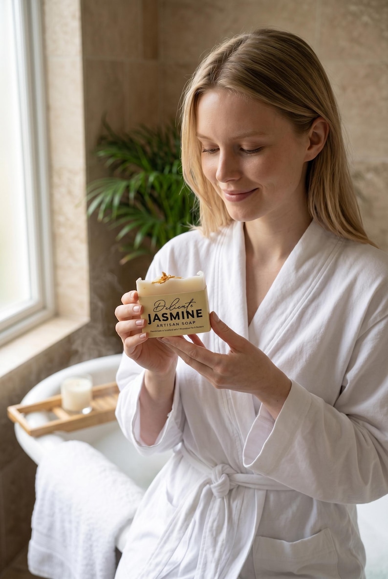 May include: A rectangular bar of off-white artisan soap wrapped in a beige paper label with the text Delicate JASMINE ARTISAN SOAP printed in black and gold. The top of the soap bar is decorated with small, dried yellow flower petals.