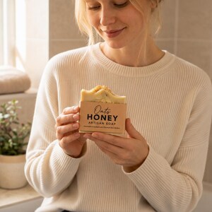 May include: A rectangular bar of artisan soap with a textured top, wrapped in a tan paper label featuring the text Oats HONEY ARTISAN SOAP, handmade in Scotland with premium oils and butters, held in two hands against a neutral background.