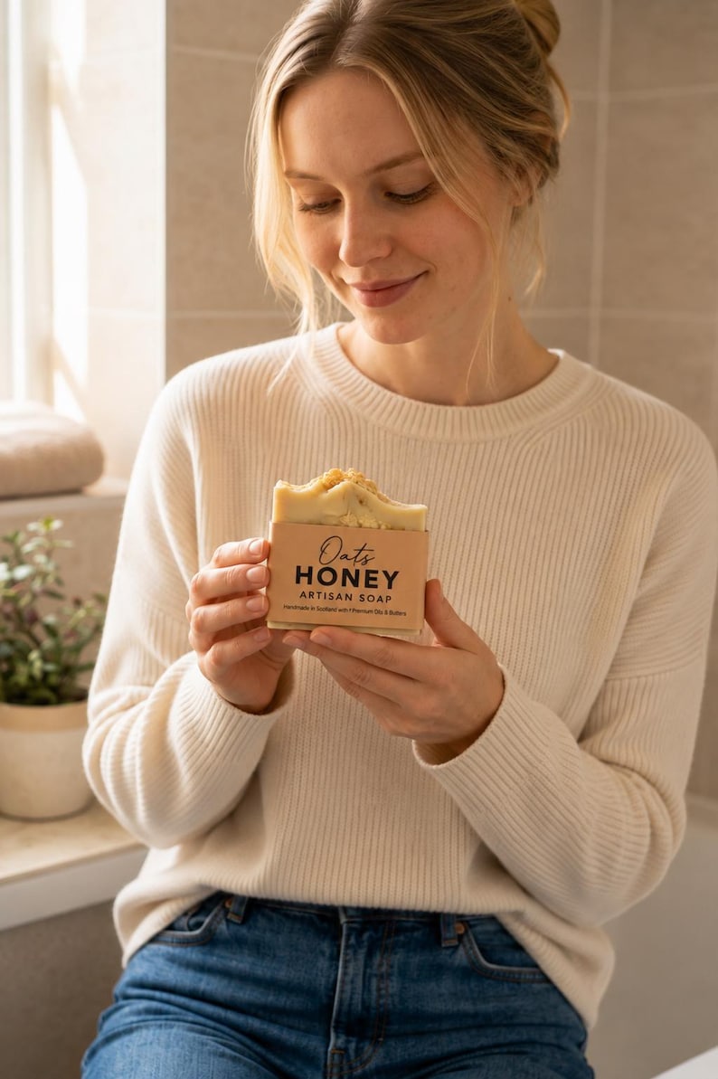 May include: A rectangular bar of artisan soap with a textured top, wrapped in a tan paper label featuring the text Oats HONEY ARTISAN SOAP, handmade in Scotland with premium oils and butters, held in two hands against a neutral background.
