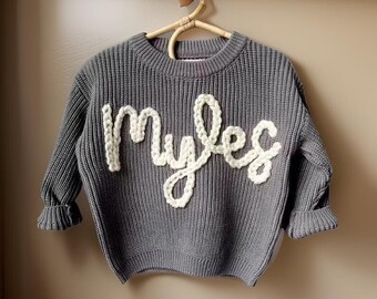 Hand Embroidered Baby Name Sweater, Personalized Knitted New Baby Sweater, Comfort Colors Baby Girl Sweatshirt, Custom Birthday Baby Gift