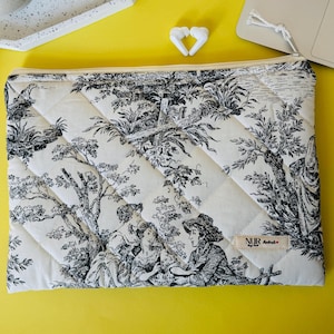 Black MacBook Sleeve – Quilted Laptop Case 13 14 15 16 inch – Toile de Jouy Cotton – Handmade image 11