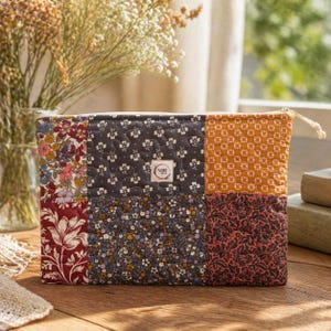 Op de afbeelding: Een patchwork gewatteerde etui met ritssluiting. De etui heeft secties van bloemen- en patroonstoffen in tinten rood, blauw, geel en bruin. Een klein, rond label met de tekst "NUR" is zichtbaar.
