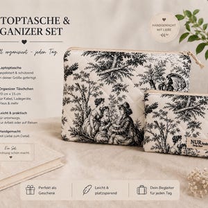 Black MacBook Sleeve – Quilted Laptop Case 13 14 15 16 inch – Toile de Jouy Cotton – Handmade image 6