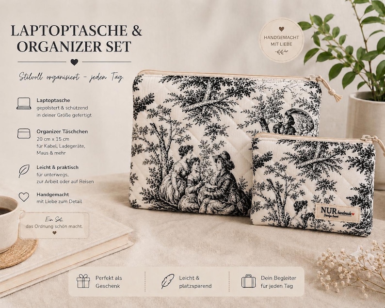 Black MacBook Sleeve – Quilted Laptop Case 13 14 15 16 inch – Toile de Jouy Cotton – Handmade image 6