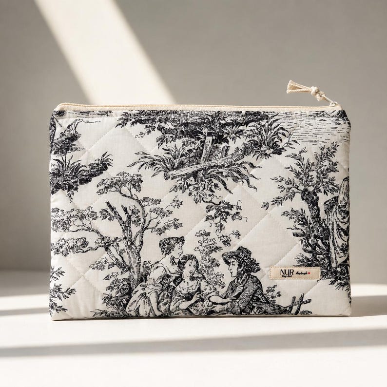 Black MacBook Sleeve – Quilted Laptop Case 13 14 15 16 inch – Toile de Jouy Cotton – Handmade image 1