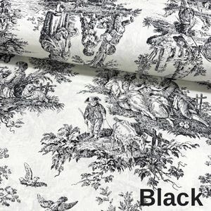 May include: Black and white toile fabric featuring pastoral scenes with figures, animals, and foliage. The fabric has a detailed, vintage aesthetic, with the word "Black" printed in the lower right corner.