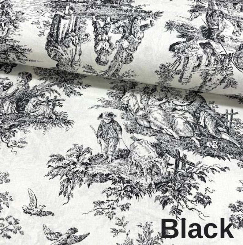 May include: Black and white toile fabric featuring pastoral scenes with figures, animals, and foliage. The fabric has a detailed, vintage aesthetic, with the word "Black" printed in the lower right corner.