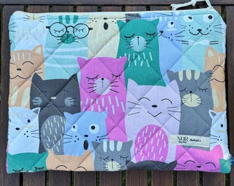 Handgemaakte laptophoes met kattenmotief – Gewatteerde tas voor MacBook en iPad, gewatteerde laptophoes voor dames