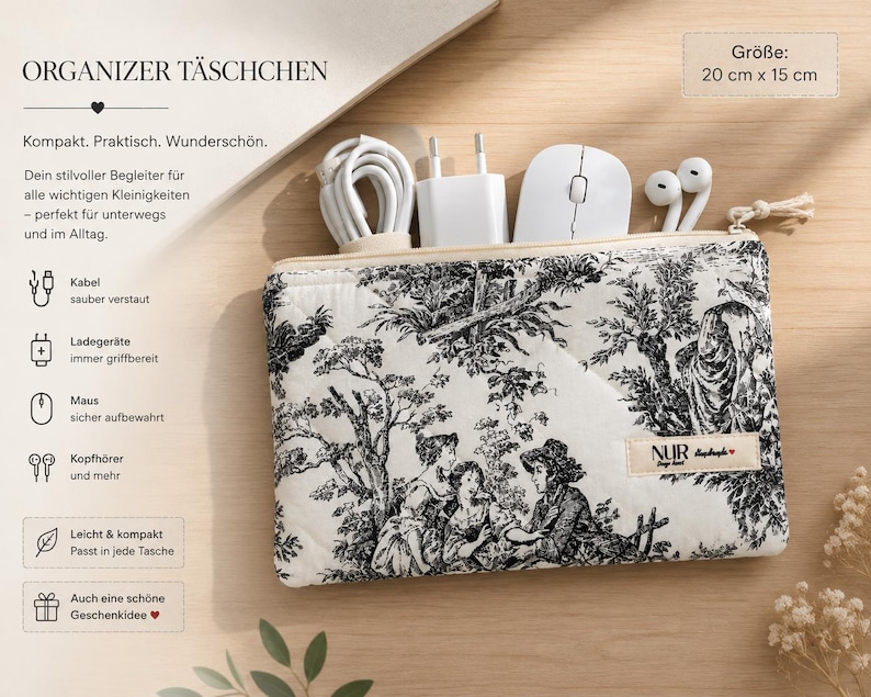 Black MacBook Sleeve – Quilted Laptop Case 13 14 15 16 inch – Toile de Jouy Cotton – Handmade Organizer (15*20 cm)