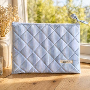 MacBook Sleeve – Padded Laptop Sleeve – Blue White Striped – Quilted – Handmade – Minimal Aesthetic Gift
