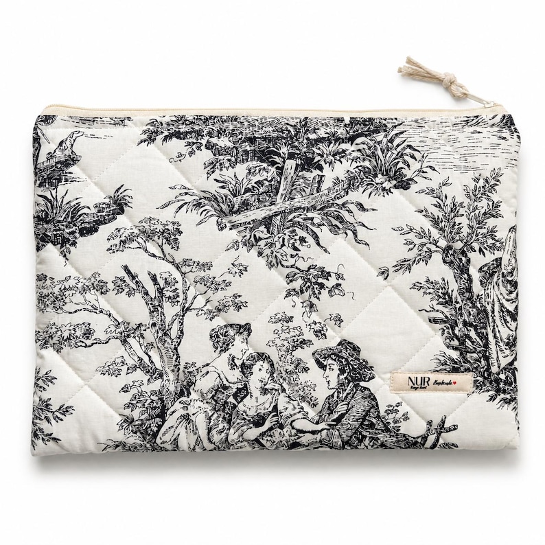 Black MacBook Sleeve – Quilted Laptop Case 13 14 15 16 inch – Toile de Jouy Cotton – Handmade image 9