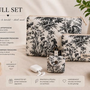 Black MacBook Sleeve – Quilted Laptop Case 13 14 15 16 inch – Toile de Jouy Cotton – Handmade image 5