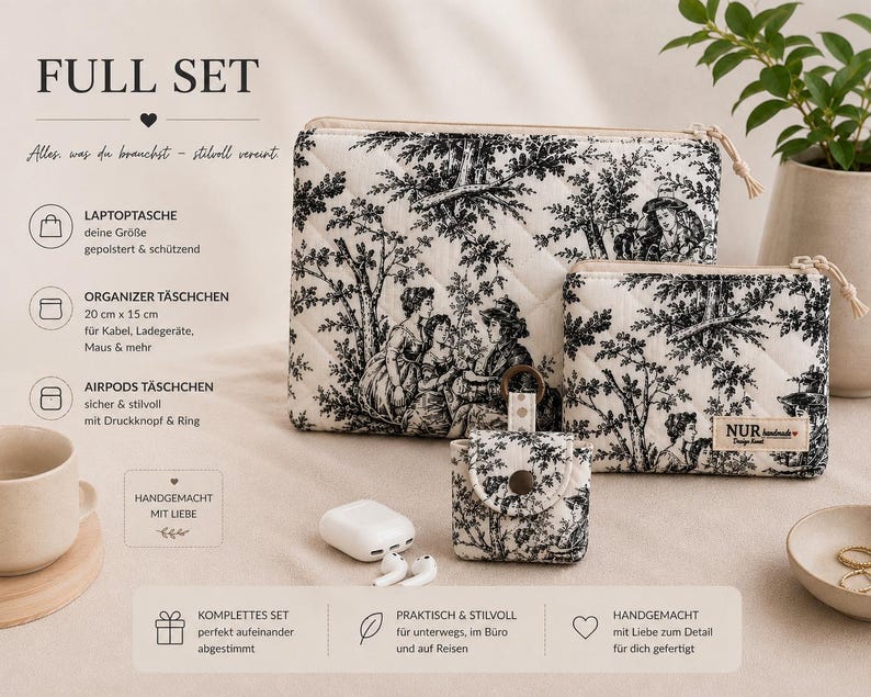 Black MacBook Sleeve – Quilted Laptop Case 13 14 15 16 inch – Toile de Jouy Cotton – Handmade image 5