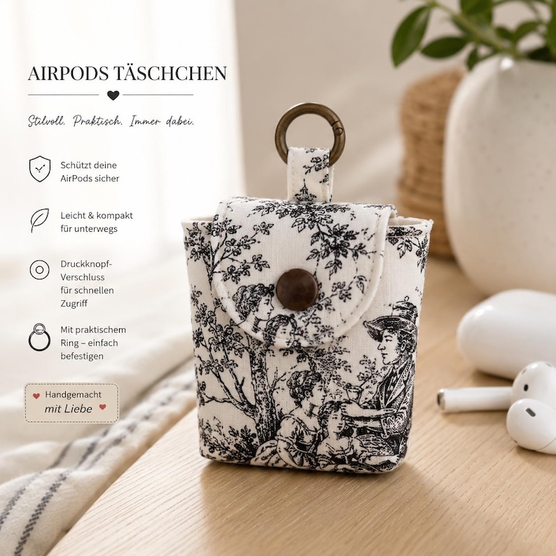 Black MacBook Sleeve – Quilted Laptop Case 13 14 15 16 inch – Toile de Jouy Cotton – Handmade AirPods Case