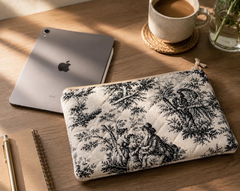 Black MacBook Sleeve – Quilted Laptop Case 13 14 15 16 inch – Toile de Jouy Cotton – Handmade Ipad Tablet