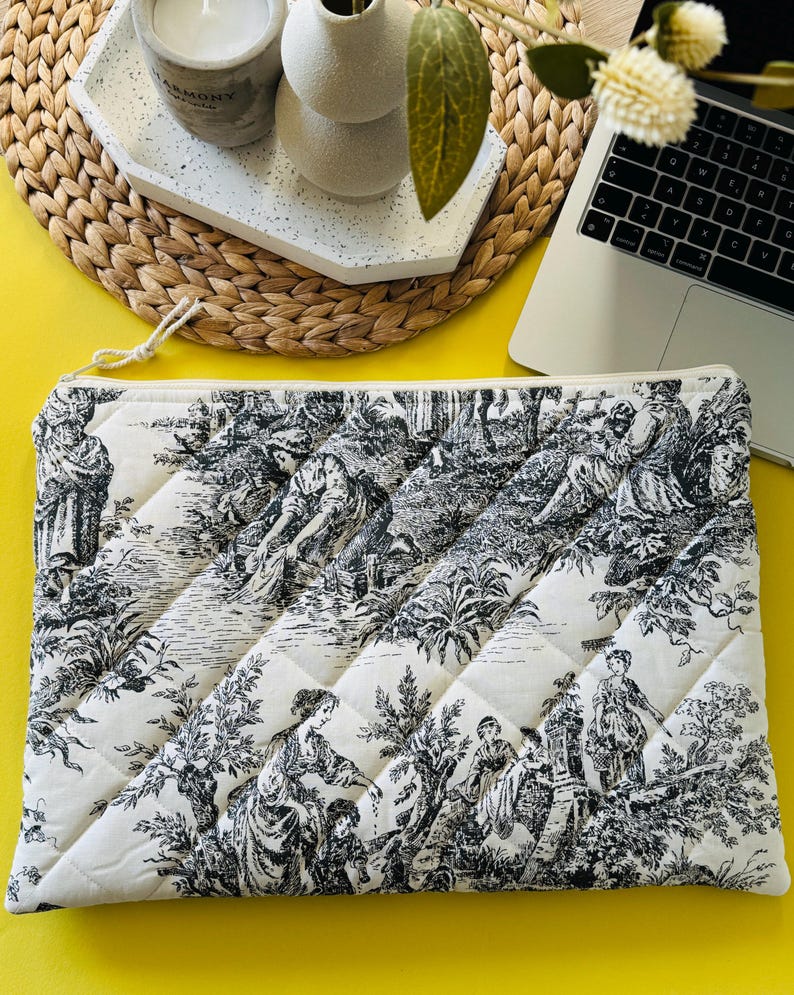 Black MacBook Sleeve – Quilted Laptop Case 13 14 15 16 inch – Toile de Jouy Cotton – Handmade image 12