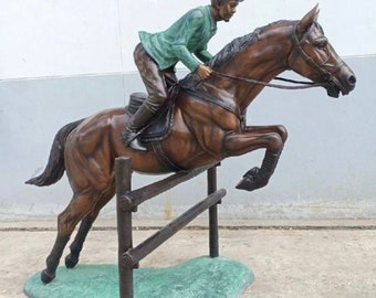 Bronze horse jumping fence sculpture