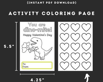 Kids Dino Dinosaur Cute Coloring Activity Page Valentine's Day Valentine Card Digital Download PDF