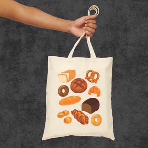 Bread Baker Tote Bag, Carb Lover Gift, Bagel, Baguette, Croissant Canvas Bag, Reusable Grocery Tote, Eco Friendly Shoulder Bag